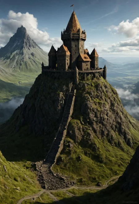 <lora:TheWeirdies_epoch_10:0.55> , advntr , epiCPhotoGasm-colorfulPhoto,
score_9, score_8_up, score_7_up, score_6_up
Durlag's Tower was a large tower that was said to be haunted by a powerful entity, as well as one that housed immeasurable treasure. The fortress was located south of the Wood of Sharp Teeth, a couple of miles from the small settlement of Gullykin. The tower was built entirely of volcanic stone and was in fair condition given the amount of time and neglect involved. It laid atop a volcanic plug that dominated the surrounding lands. Durlag Trollkiller, aided by hired dwarves, was said to have hollowed out the mountain for the rock that made up his tower and used the space created to hide further treasure. This local landmark was the isolated keep of Durlag Trollkiller, son of Bolhur the Clanless, a dwarven hero said to have amassed a large quantity of treasure and stored it here and in a few other locations. This treasure was protected by all manner of magical wards and mechanical traps, the latter of Durlag's own devising. Many adventurers sought his treasure over the decades, with varying degrees of success. (((breathtakingly massive tower keep fortress)))