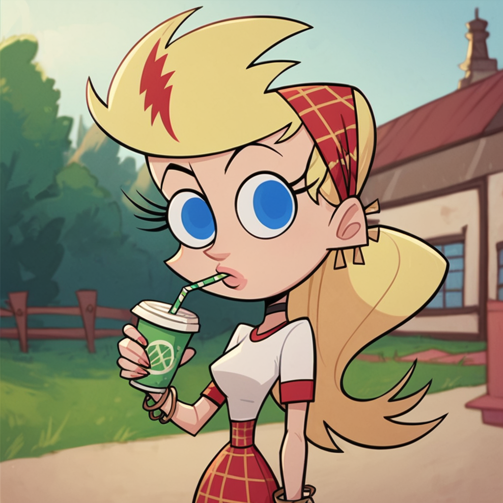 score_9, score_8_up, score_7_up, 1girl, blonde hair, long hair, head scarf, jewelry, blue eyes, medium breasts, narrow waist, wide hips, looking at viewer, cup, drinking straw, fca style, toon \(style\), <lora:Sissy_Blakely:1>