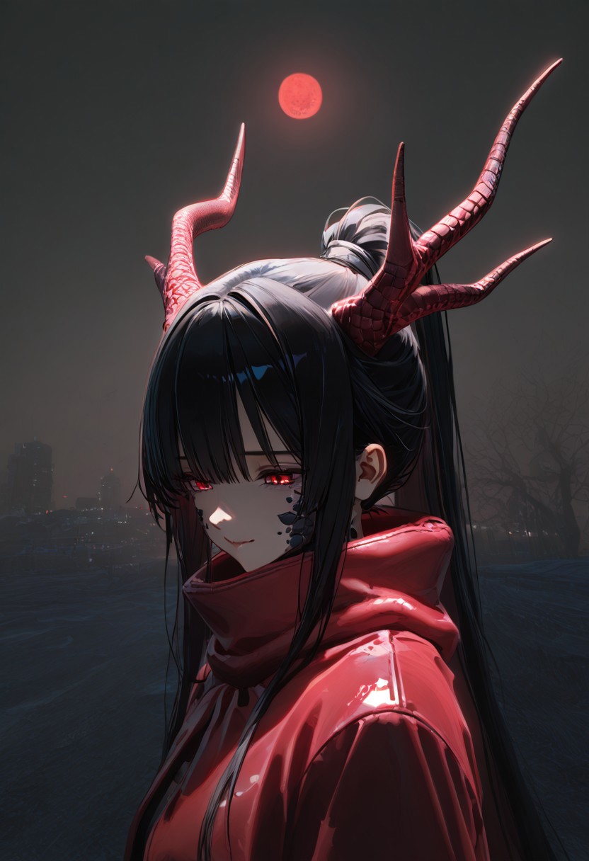 1girl, fine details, very detailed, high resolution, black hair, straight hair with ponytail, solo, gloomy red eyes, detailed eyes, rogue outfit, outdoors, long_hair, dragon horns, scales, black scales, night medival city, (medival roofs), sad smile, dim lighting, dark background, hovered in the air, side POV