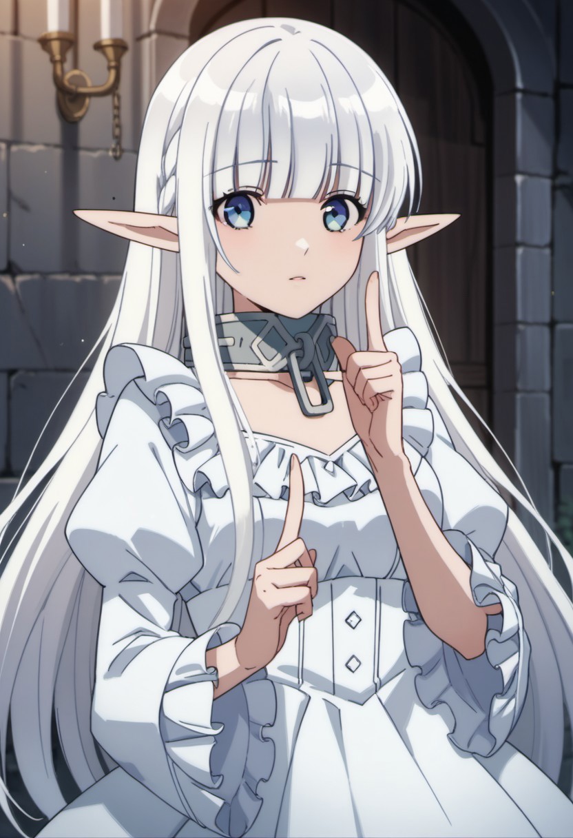 score_9, score_8_up, score_7_up, source_anime, nephelia, long hair, pointy ears, elf, white hair, blue eyes, 1girl, solo, collar, anime coloring, frills, upper body, blunt bangs, looking at viewer, index finger raised, chain, dress, metal collar