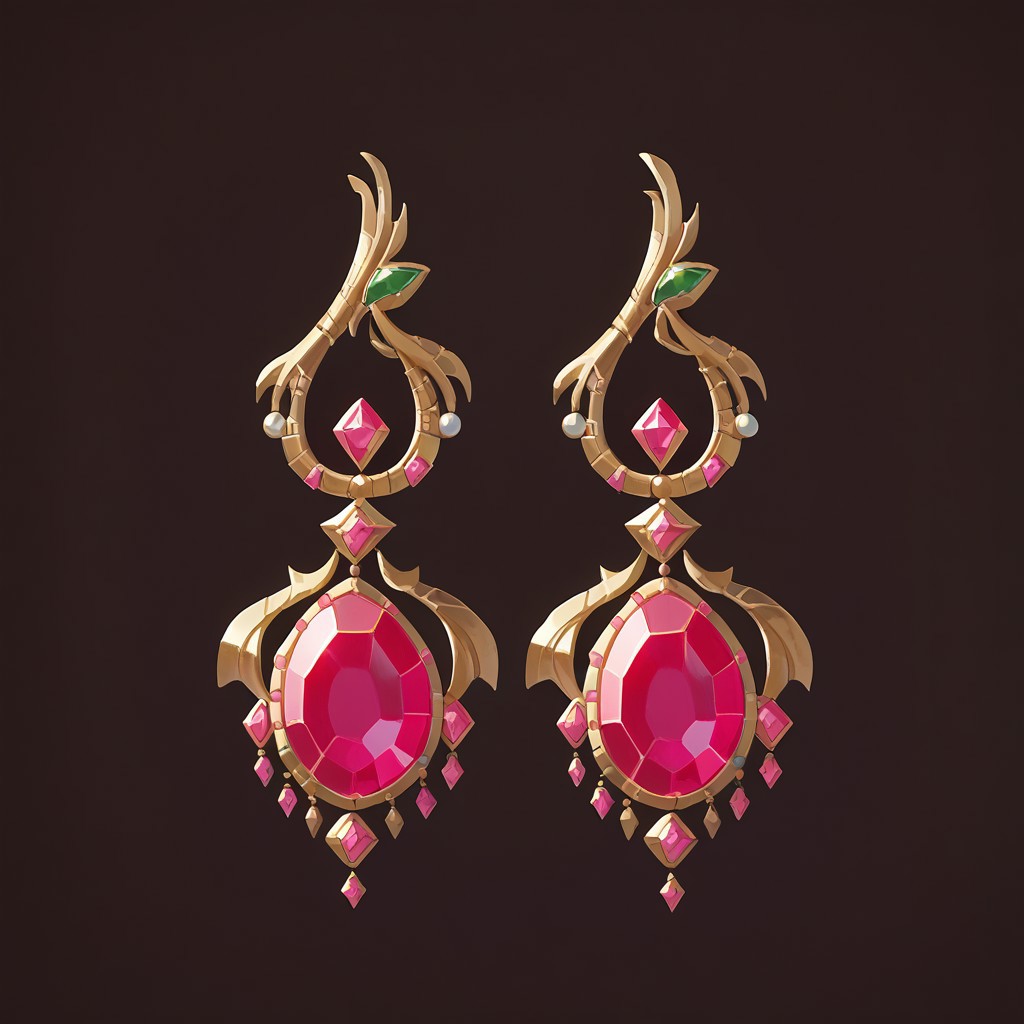score_9, score_8_up, score_7_up, earrings, gold earrings, two earrings, gem, jewelry, pink gemstone, simple background, dark brown background,
softic, no humans,