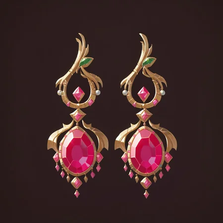score_9, score_8_up, score_7_up, earrings, gold earrings, two earrings, gem, jewelry, pink gemstone, simple background, dark brown background,
softic, no humans,