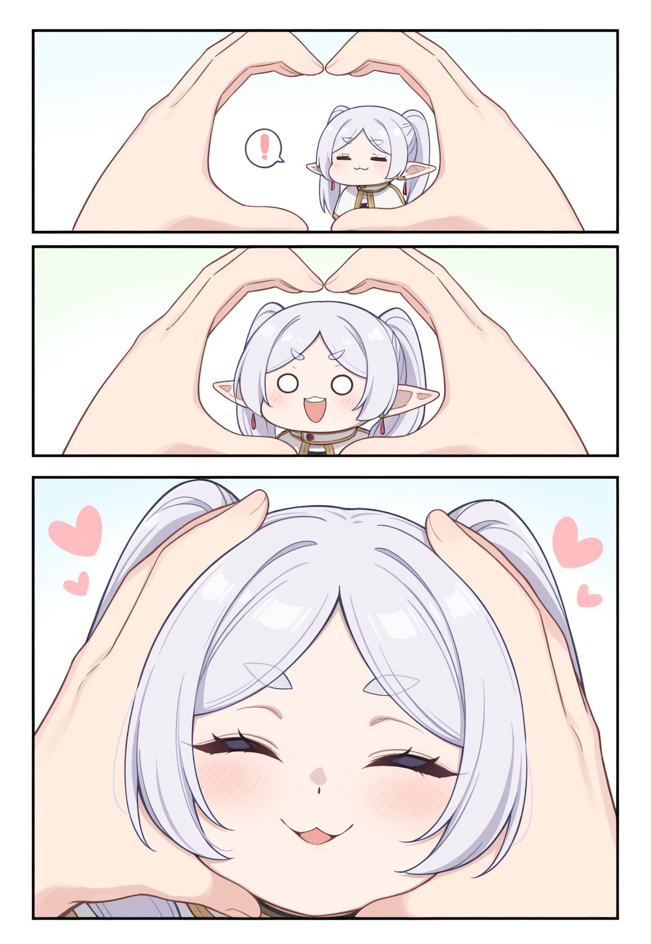 masterpiece, best quality, amazing quality, very aesthetic, high resolution, ultra-detailed, absurdres, newest, scenery, cute, 1girl, frieren, closed eyes, snootchallenge, 3koma, chibi, comic, 1girl, 1other, blush, :3, :d, smile, open mouth, v-shaped eyebrows, looking at viewer, heart, upper teeth only, teeth, spoken exclamation mark, !, o o, pov, pov hands, heart hands, hands on another's face, hands on another's cheeks, out of frame, simple background,