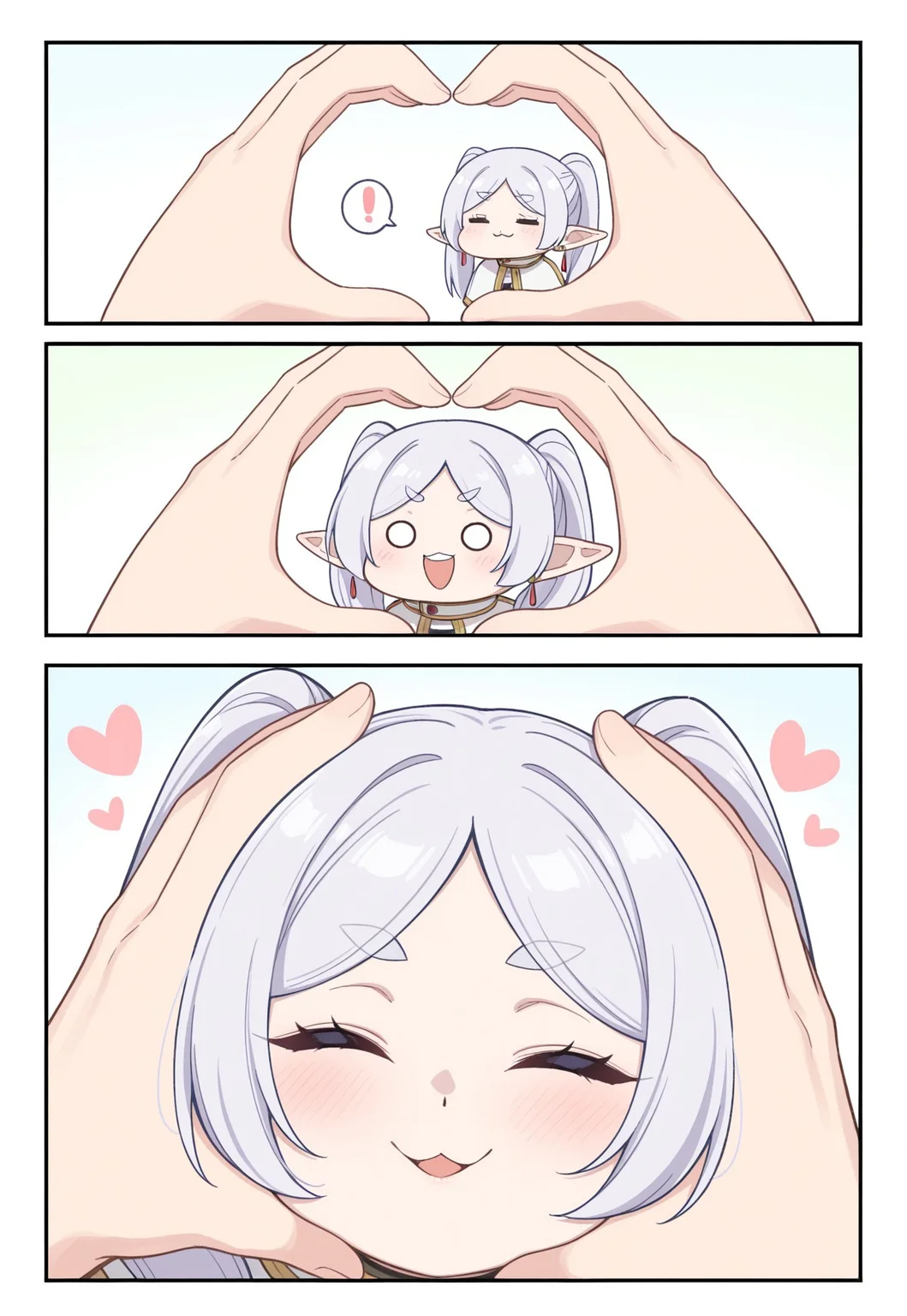 masterpiece, best quality, amazing quality, very aesthetic, high resolution, ultra-detailed, absurdres, newest, scenery, cute, 1girl, frieren, closed eyes, snootchallenge, 3koma, chibi, comic, 1girl, 1other, blush, :3, :d, smile, open mouth, v-shaped eyebrows, looking at viewer, heart, upper teeth only, teeth, spoken exclamation mark, !, o o, pov, pov hands, heart hands, hands on another's face, hands on another's cheeks, out of frame, simple background,