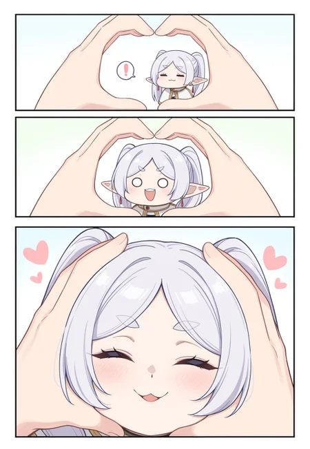 masterpiece, best quality, amazing quality, very aesthetic, high resolution, ultra-detailed, absurdres, newest, scenery, cute, 1girl, frieren, closed eyes, snootchallenge, 3koma, chibi, comic, 1girl, 1other, blush, :3, :d, smile, open mouth, v-shaped eyebrows, looking at viewer, heart, upper teeth only, teeth, spoken exclamation mark, !, o o, pov, pov hands, heart hands, hands on another's face, hands on another's cheeks, out of frame, simple background,