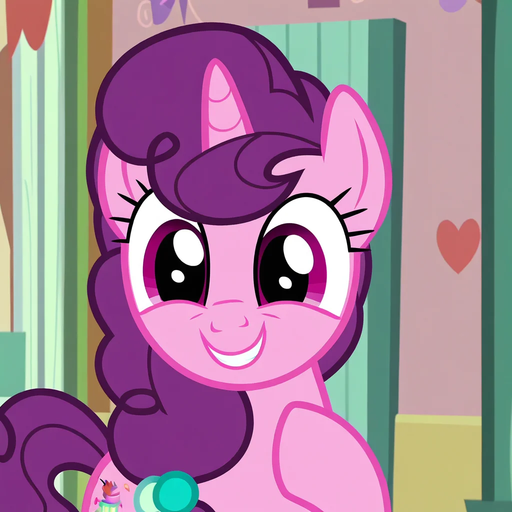 1girl, solo, feral pony, Sugar Belle, purple hair, braid, unicorn, smile, happy, looking at viewer