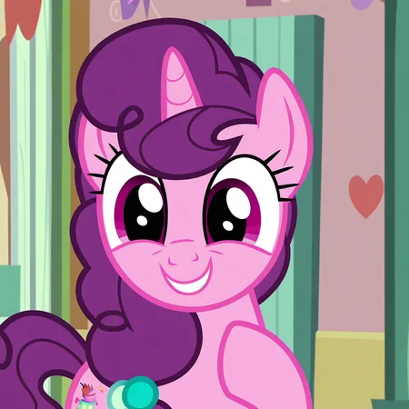 1girl, solo, feral pony, Sugar Belle, purple hair, braid, unicorn, smile, happy, looking at viewer