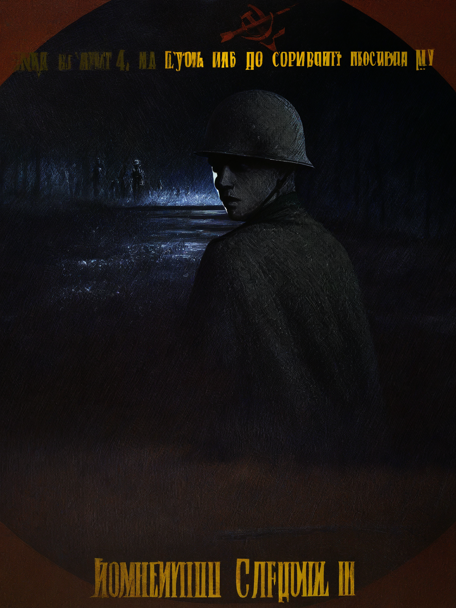 world war ii, heavy rain, dark, night, wet, forest, multiple boys,  
half body, 1male, military, army, looking back, 
marching, walking towards distance, 
unifrom, green cape, steel helmet, holding rifle,
s-o, realistic, soviet poster, russian text,
<lora:Sovposter-NOOB-V1-E-PRED-000003:1>,
masterpiece, best quality, amazing quality, very aesthetic, absurdres, newest,