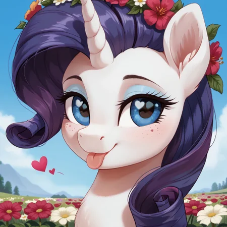 score_9, score_8_up, score_7_up, score_6_up, score_9, score_8_up, score_7_up, score_6_up, my little pony: the movie, movie accurate, rarity, pony, unicorn, g4, bust, close-up, cute, eyelashes, female, freckles, heart, high res, looking at you, mare, portrait, smiling, solo, a wreath of flowers, tongue out, silly