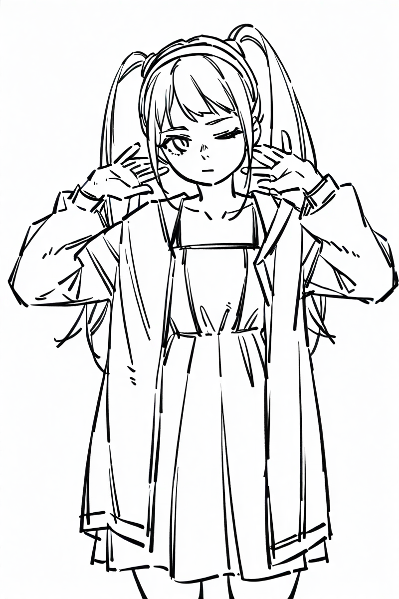 <lora:Sktchst_IL:1> sktchst, 1girl, greyscale, monochrome, solo, twintails, one eye closed, simple background, white background, dress, long hair, hairband, closed mouth, jacket, looking at viewer, sketch, open clothes, hands up, collarbone, long sleeves, cowboy shot