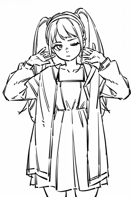 <lora:Sktchst_IL:1> sktchst, 1girl, greyscale, monochrome, solo, twintails, one eye closed, simple background, white background, dress, long hair, hairband, closed mouth, jacket, looking at viewer, sketch, open clothes, hands up, collarbone, long sleeves, cowboy shot