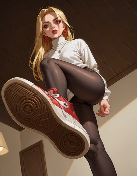 score_9, score_8_up, score_7_up, score_6_up, score_5_up, score_4_up, 1girl, solo, Cozy poncho, leggings, Countess, Short, Slim, Triangular Face, Olive Skin, Honey Blonde Hair, ruby Eyes, Wide Nose, Thin Lips, Round Chin, Long Hair, Thick Hair, Frohawk, augmented breasts, Drop earrings, black cream lipstick, bedroom, low key, moonlight, softbox, hud_v4nspose, sneakers, shoe soles, from below, indoors, ceiling, foreshortening, perspective, <lora:vans:0.8> ,