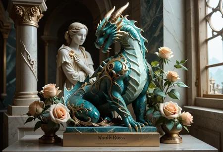score_9, score_8_up, score_7_up, score_6_up, Dragon Marbleized as a statue with golden roses, 
break,
(front view),