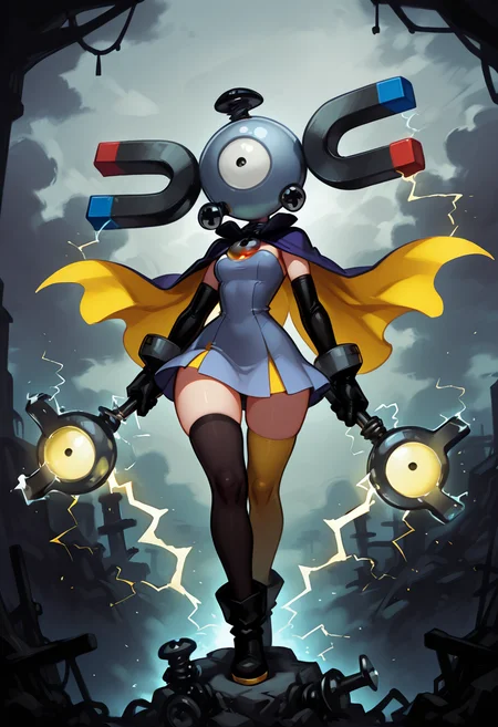 masterpiece, best quality, 1girl, solo, zzmgnmt, ,<lora:MagnemitePokedex_IXL:1.0>, narrow waist, wide hips, 1girl, modern fantasy setting, asymmetrical mage outfit, silver, navy blue, yellow accents, floating metal rings, glowing electric runes, staff shaped like a magnet, short cape, long gloves, thighhighs, electricity effects, stormy sky A unique mage look with a silver and navy-blue dress. Yellow electric sigils pulse along the hem, while her staff resembles a stylized horseshoe magnet. Floating rings hover near her shoulders like Magnemiteâs screws. Sparks dance around her gloves and boots as she channels charged magic under a thundercloud sky.