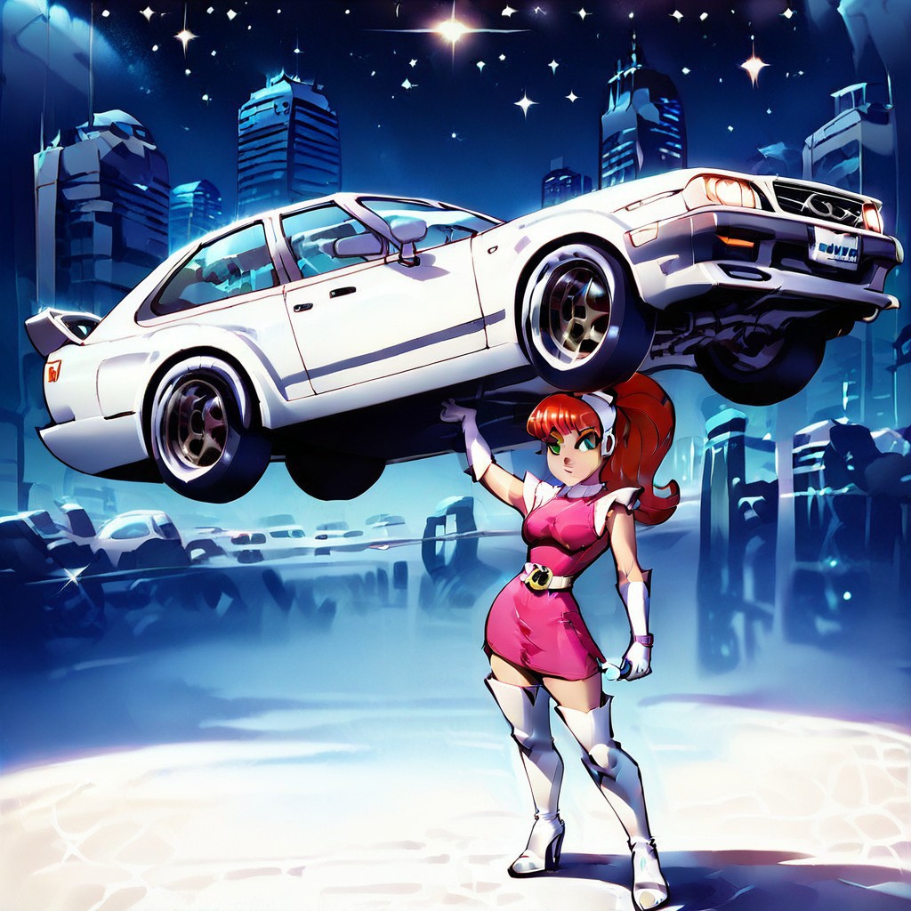 score_9, score_8_up, score_7_up 
   , masterpiece, beautiful,
atomic betty, 1girl, gloves, solo, green eyes, thigh boots, ponytail, elbow gloves, dress, curvy,
,Liffgbject,lifting car over head, one arm raised,l ifting  with one arm,car, vehicle, outdoors, city, starry night,