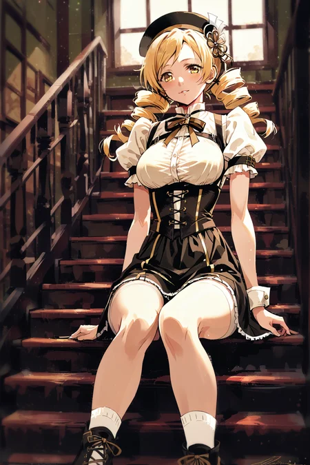 score_9, score_8_up, score_7_up, mahou shoujo madoka magica, tomoe mami, tomoe mami \(magical girl\), black hat, blonde hair, breasts, drill hair, hat, large breasts, medium hair, neck ribbon, parted bangs, puffy short sleeves, puffy sleeves, ribbon, shirt, short sleeves, twin drills, white shirt, yellow eyes, yellow trim, solo, solo focus, portrait, detailed background,dark,limited palette,high contrast,wide shot, Sitting on a staircase with legs stretched out, taking a moment to rest., <lora:2024-08-02_13-31-29-save-6615-49-0:1>