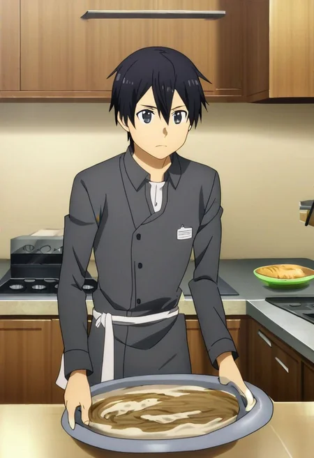 high resolution, professional photography, solo, best quality, 1Boy, Kazuto Kirigaya, Black Hair, Black Eyes, cooking, kitchen, OverallDetail