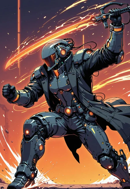 masterpiece, ultra detailed, ultra-detailed, 32K, very aesthetic, 2d, 1man, full armor, black trenchcoat, open coat, hi-tech, sci-fi, neon orange, orange glow, dynamic pose, fighting stance, (motion effect:1.5), dual wield, holding swords, glowing blade, zzCitronLegacy, in the style of cknc,