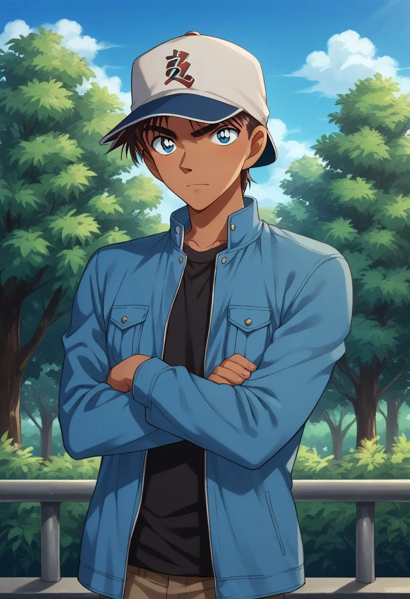 score_9, score_8_up, score_7_up, source_anime, highly detailed,
heijihattori, solo, 1boy, hat, male focus, crossed arms, dark skin, blue eyes, jacket, dark-skinned male, pants, black shirt, upper body, brown hair, standing, shirt, baseball cap, looking at viewer,
outdoor, sky, tree