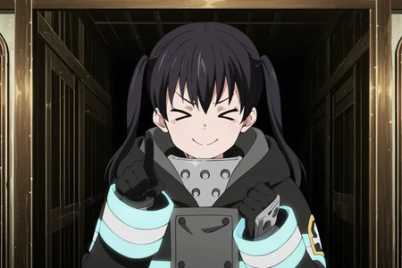 anime screencap, anime coloring, detailed face, masterpiece, best quality, very aesthetic, absurdres, official style, amazing quality, ultra detailed, highres, amazing quality, scenery, beautiful detailed hair, beautiful detailed eyes,
<lora:StS-Illustrious-Detail-Slider-v1.0:4>
<lora:Tamaki_Kotatsu_Fire_Force_-_Illustrious_V2:1>
indoors,
Tamaki fire force uniform, Tamaki Kotatsu (character), 1girl, gloves, solo, twintails, >_<, black gloves, closed eyes, coat, pointing, black hair, smile, closed mouth, black coat, long sleeves, hooded coat