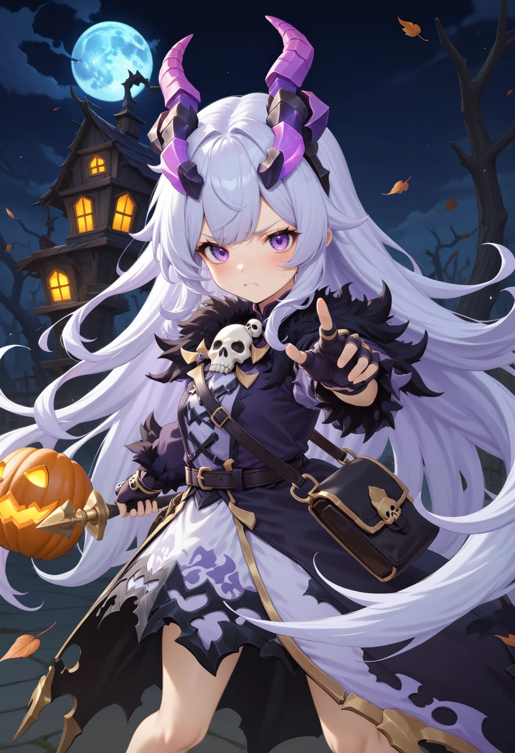 masterpiece, best quality, very aesthetic, absurdres, rom_hela_xl,
1girl, purple hair, horns, purple eyes, grumpy, skull on chest, purple dress, fingerless gloves, saddlebag,
holding staff, fighting stance, casting spell,
haunted house, withered trees, bats, halloween, pumpkin,
outdoors, (wind, falling withered leaves, light particles:1.4), light rays, tyndall effect, vivid colors, tranquil and magical atmosphere,
shiny skin, beautiful face, beautiful eyes, extreme detailed, official art, professional illustration, hires,
<lora:rom_hela_xl:1>, <lora:aesthetic_anime_v1s:0.5>, <lora:add_details_xl:0.5>