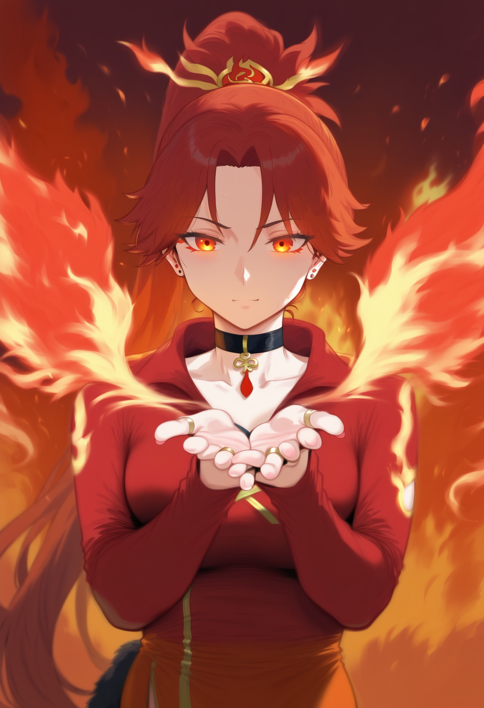 1girl, solo, ring of fire, fire phoenix, fire aura, choker, ponytail, glowing eyes, 
 <lora:Himeno_Style_Pony:1>