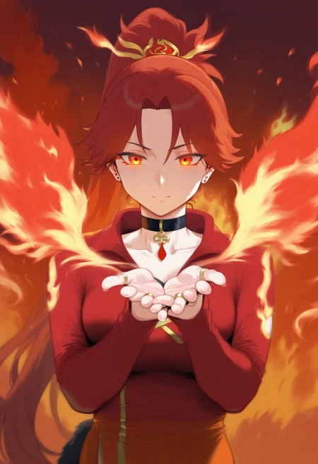 1girl, solo, ring of fire, fire phoenix, fire aura, choker, ponytail, glowing eyes,
<lora:Himeno_Style_Pony:1>