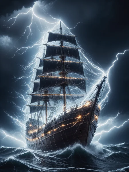 mad-lgthng lightning engulfing translucent ghost ship on stormy ocean, dramatic lighting, cinematic shot <lora:Lightning_SDXL:1.0>, masterpiece, best quality, ultra high res, (photorealistic, realistic:1.2), deep shadow, raw photo, film grain, Fujifilm XT3, 8k uhd, dslr