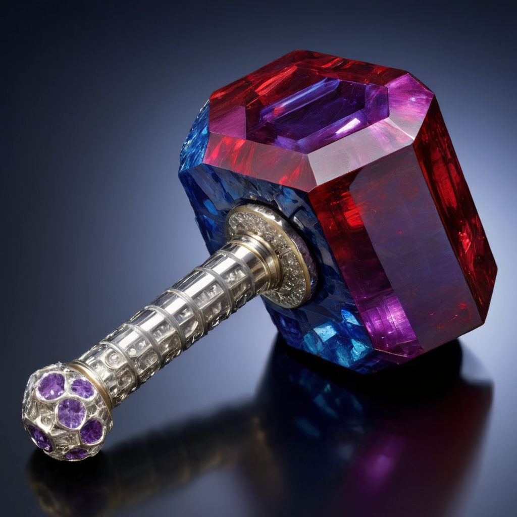 Visualize a majestic and colossal hammer, where the head of the hammer is intricately crafted from a mosaic of precious gemstones. The gems should range from the deep blues of sapphires, fiery reds of rubies, serene clarity of diamonds, to the mystic purples of amethysts. The handle, although sturdy, should have embedded jewels running along its length, culminating in a large gem at the base. The entire hammer should radiate with a luminous glow, each gem catching and reflecting light, making it appear both powerful and regal. The photograph's quality should be of high resolution, capturing the shimmer and intricate details of each gemstone,<lora:ggmine:0.45>,ggmine