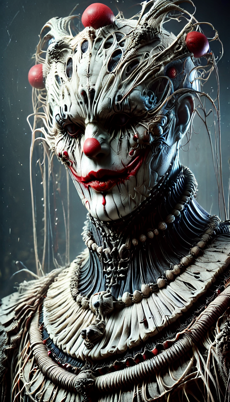 score_9, score_8_up, score_7_up, score_6_up, score_5_up, score_4_up, clown at a circus, clown, circus, clown nose, BiomechGothic, surreal organic design, gothic horror