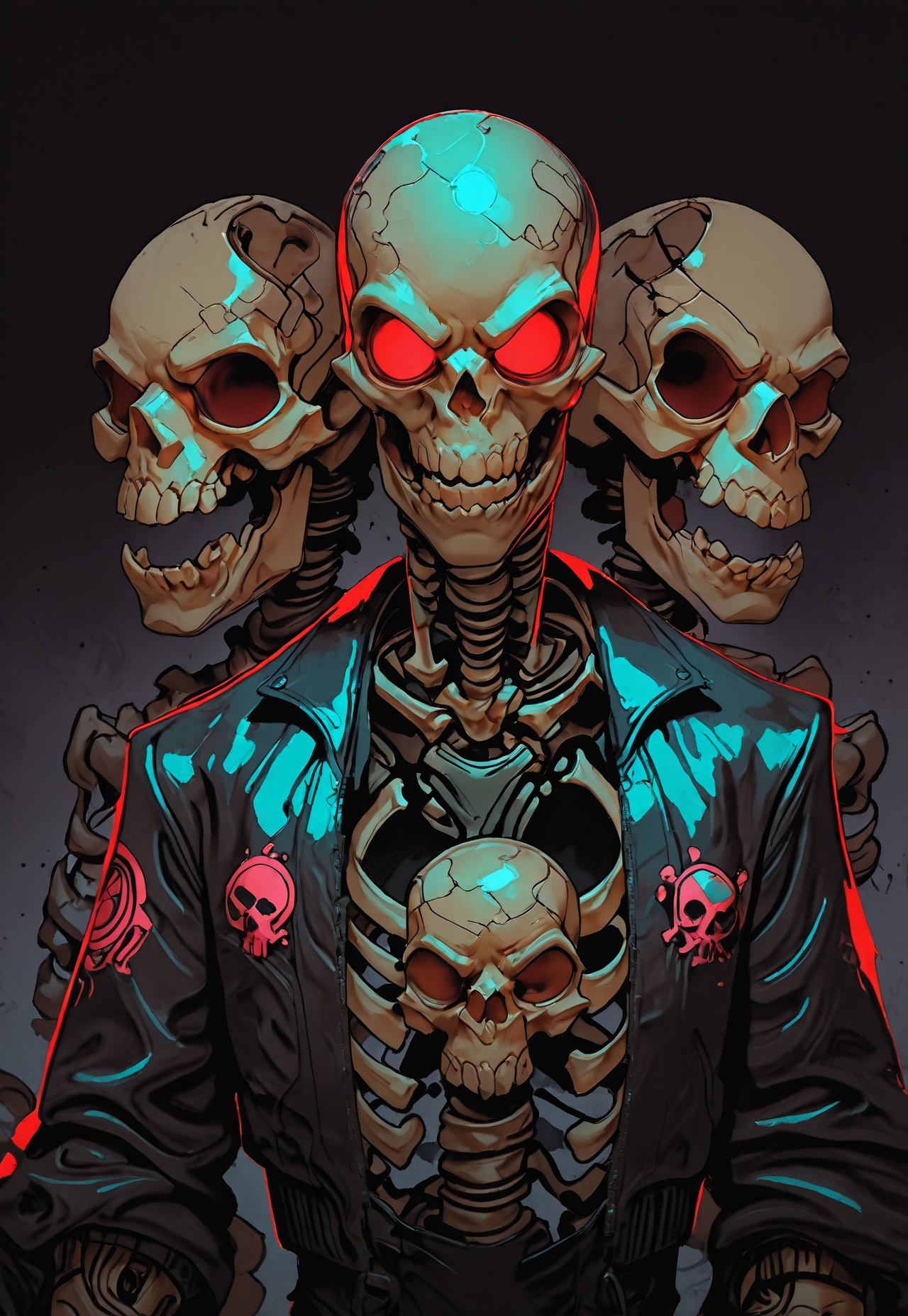 MythAn1m3, INCASE Style,   Title: "Dark Gothic-Style Illustration - Skull-Faced Figure"  Art Style: A dark, gothic-style illustration featuring a central figure with a skull-like face, red eyes, and an ornate umbrella with Japanese characters. The style emphasizes intricate details and a somber, mysterious atmosphere.  Subject & Details: The central subject is a figure with a skull-like face, red eyes, dressed in a black leather jacket adorned with intricate designs and symbols, including a skull emblem on the left side. The attire also includes a helmet with a similar skull design. The figure carries a large, ornate umbrella with Japanese characters.  Visual Elements: The figure's skull-like face, red eyes, black leather jacket with intricate designs and symbols, helmet, and ornate umbrella contribute to the dark and mysterious atmosphere of the image. The muted background with soft beige tones and faint silhouettes of birds in the distance add depth and visual interest. The overall color palette is dominated by dark shades of black, gray, and white, with the red eyes providing a striking contrast.  Composition: The composition focuses on the central figure's somber and mysterious appearance, emphasizing intricate details and the gothic atmosphere. Attention to detail in the character's facial expressions, body language, and physical characteristics helps create an immersive experience that tells a story or evokes emotions without relying on text. The overall color palette and muted background add depth and visual interest to the image.  Additional Details: The dark, gothic-style illustration exudes a sense of mystery and intrigue, with the figure's skull-like face, red eyes, and ornate accessories contributing to an air of foreboding and drama. solo, looking_at_viewer, short_hair, simple_background, shirt, 1boy, red_eyes, hat, jacket, upper_body, monochrome, male_focus, open_clothes, open_jacket, black_jacket, gradient_background, mask, glowing, glowing_eyes, clothes_writing, zipper, skull, cyborg, skeleton, cyberpunk, skull_print