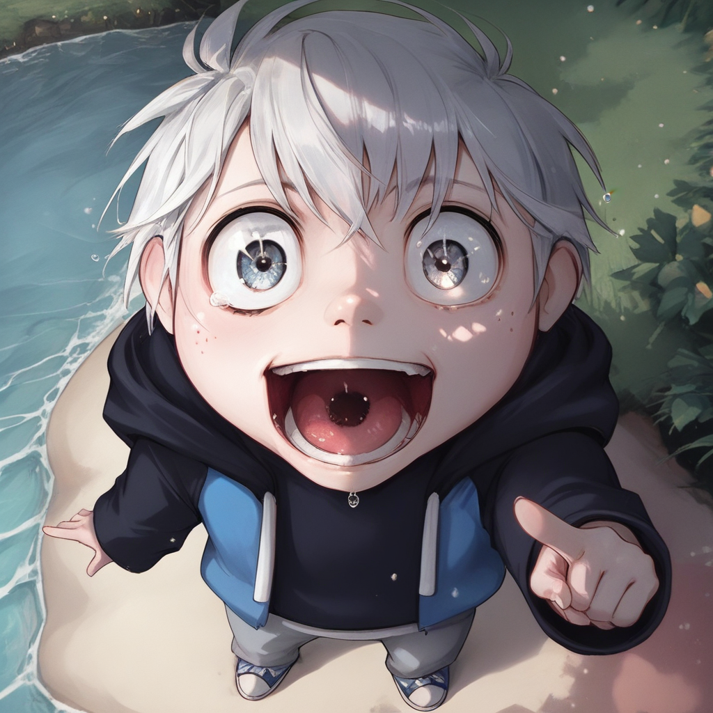 score_9, score_8_up, score_7_up, score_6_up, score_5_up, detailed, highres, masterpiece, horror \(theme\), source_anime, day, party, from above, looking at viewer, pointing up, <lora:rfgideon-v1-16:0.9> rfgideon, (gnome:0.5), (cub:0.5), 1boy, gray eyes, solo, two-tone hoodie, black t-shirt, grey pants, <lora:detail_eyes:1> detail1eye, desaturated, noise, blur, low contrast, wet