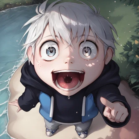 score_9, score_8_up, score_7_up, score_6_up, score_5_up, detailed, highres, masterpiece, horror \(theme\), source_anime, day, party, from above, looking at viewer, pointing up, <lora:rfgideon-v1-16:0.9> rfgideon, (gnome:0.5), (cub:0.5), 1boy, gray eyes, solo, two-tone hoodie, black t-shirt, grey pants, <lora:detail_eyes:1> detail1eye, desaturated, noise, blur, low contrast, wet