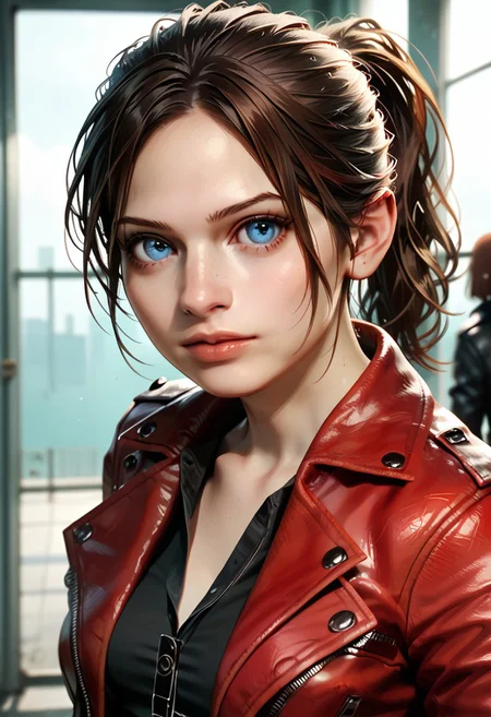 score_9,score_8_up,score_7_up,realistic, Claire Redfield,1girl,solo,breasts,looking at viewer,short hair,shirt,brown hair,jacket,upper body,solo focus,open jacket,lips,red jacket,realistic,leather,leather jacket,