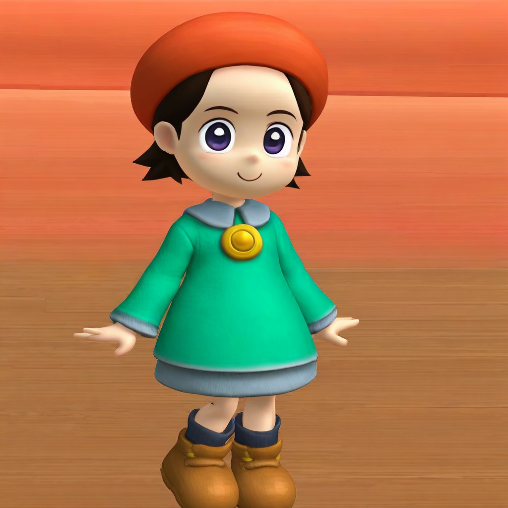 red hat, purple eyes, short brown hair, low poly, brown shoes, gold button, green dress long sleeve, 1girl, adeleine