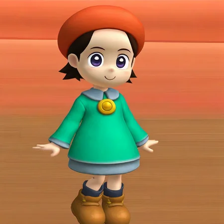 red hat, purple eyes, short brown hair, low poly, brown shoes, gold button, green dress long sleeve, 1girl, adeleine