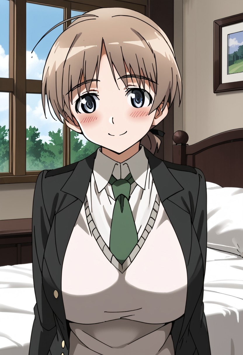 Lynette Bishop\(Strike Witches\), Big breasts,  1940s Bedroom, window, blushing, green necktie, 1girl, Smiling, Solo, Standing