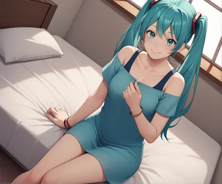 score_9,score_8_up,score_7_up,source_anime,<lora:Oekakizuki-Style-PonyXL-v1:0.8>,1girl,<lora:Everlasting_Summer_Miku_by_GraffMetal:0.7>,miku,aqua hair,long hair,twintails,aqua eyes,
bracelet,dutch angle,indoor,smile,sitting,bed,window_,bedroom,