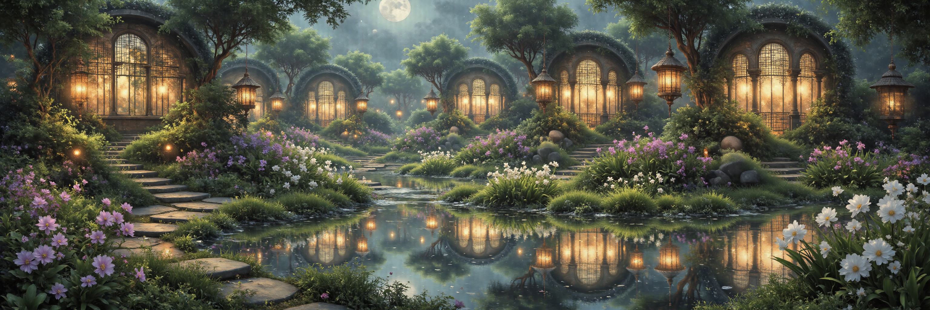 xiaoqiao,wu,The Moonlit Ruins of the Celestial Garden,
A crumbling steampunk garden,adrift in the void,where moonlight filters through shattered stained glass arches,casting soft amethyst and cobalt hues over overgrown paths of glowing moss and broken bronze statues. Massive gears,entwined with vines of luminescent ivy,slowly turn,driven by an unseen force. The air carries a faint melody,a song of a world that no longer exists,mixed with the scent of moon-drenched flowers,aged copper,and distant echoes of an ****** that fell to the stars,
