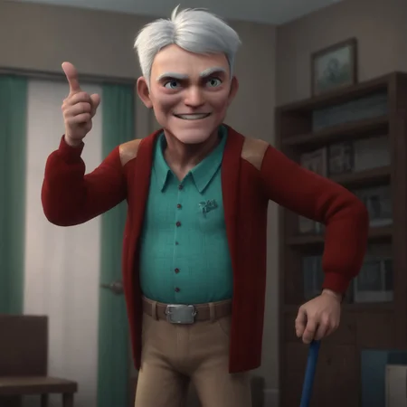 safe_pos, Score_9, score_8, score_7, score_6_up, uncensored, (v-vex-human, human, solo, 1boy, male, old man, white hair, facial hair, green shirt, red coat, tan pants, belt, cane,) detailed, realistic shading, thumbs up, smiling, arm up, smiling, living room, indoors,