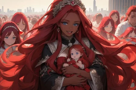 (masterpiece, best quality:1.5), (ultra realistic:1.5), (8k uhd, very high quality:1.5), (extremely detailed face:1.5), (everyone has ruby red hair:1.5), (dark skin mother holding an endless amount of infants and surrounded by an endless amount of her children:1.5), (everyone smiling and happy:1.5), (everyone has bright blue eyes:1.5), (everyone has long ruby red hair:1.5), (the woman is surrounded by endless amounts of her children that fill the entire background:1.5), (the woman is surrounded by an endless amount of her children that fill the entire background:1.5), (city background:1.5), (holding an endless amount of infants, dark skin, ruby red hair:1.5)