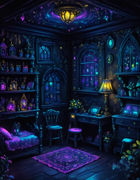 novuschroma80 style dollhouse with charming rooms and tiny furniture blacklight art <lora:novuschroma80 style:1> <lora:FaeTastic Details:1>
