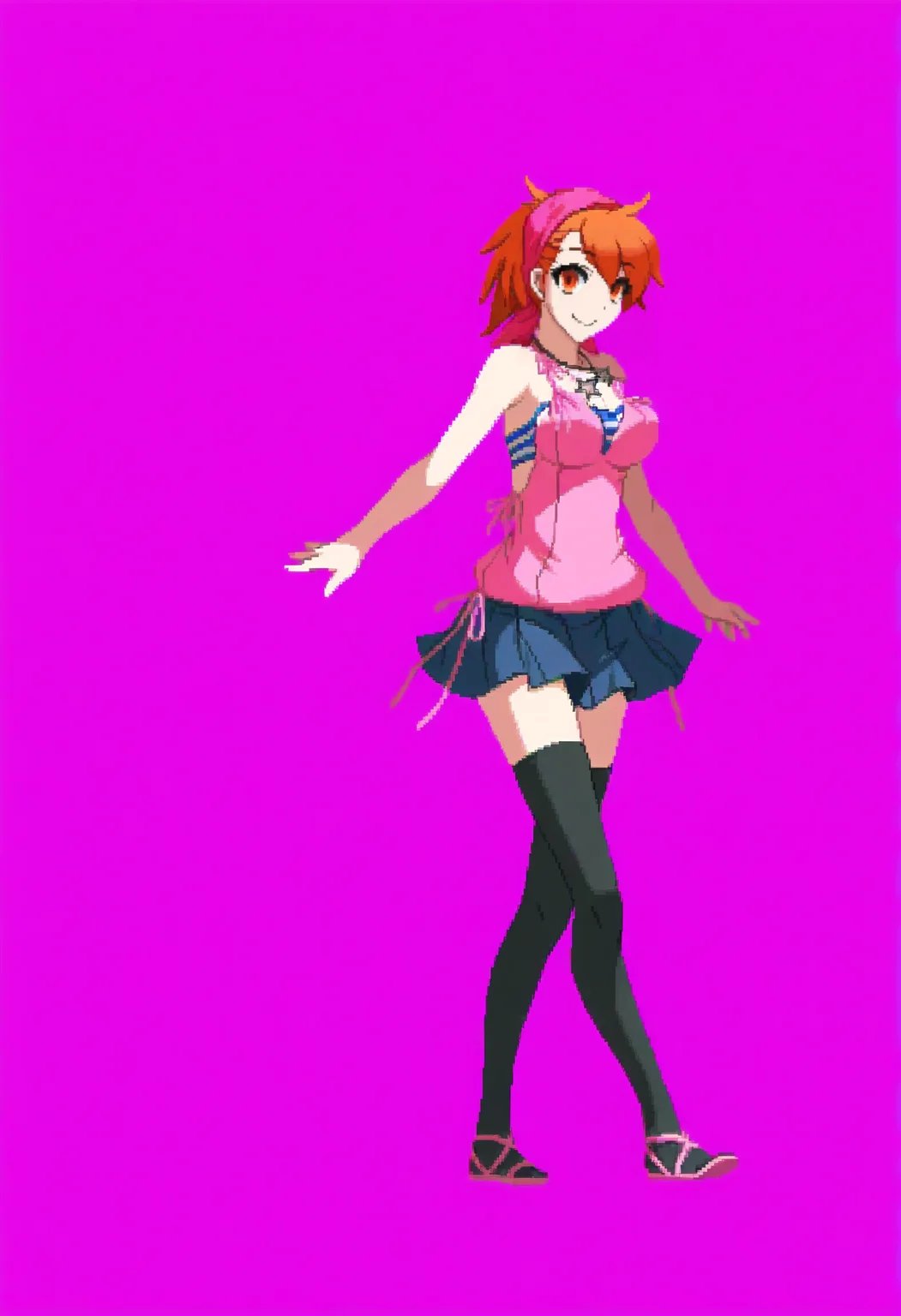 masterpiece, best quality, solo, 1girl, smile, looking at viewer, <lora:Yuzu-illus_Fp:1>, yuzu, short hair, orange hair, orange eyes, bandana, pink camisole, bandeau, skirt, thighhighs, star necklace, <lora:Dengeki_Bunko-illus_Fp:1>, full body, pixel art, simple background,