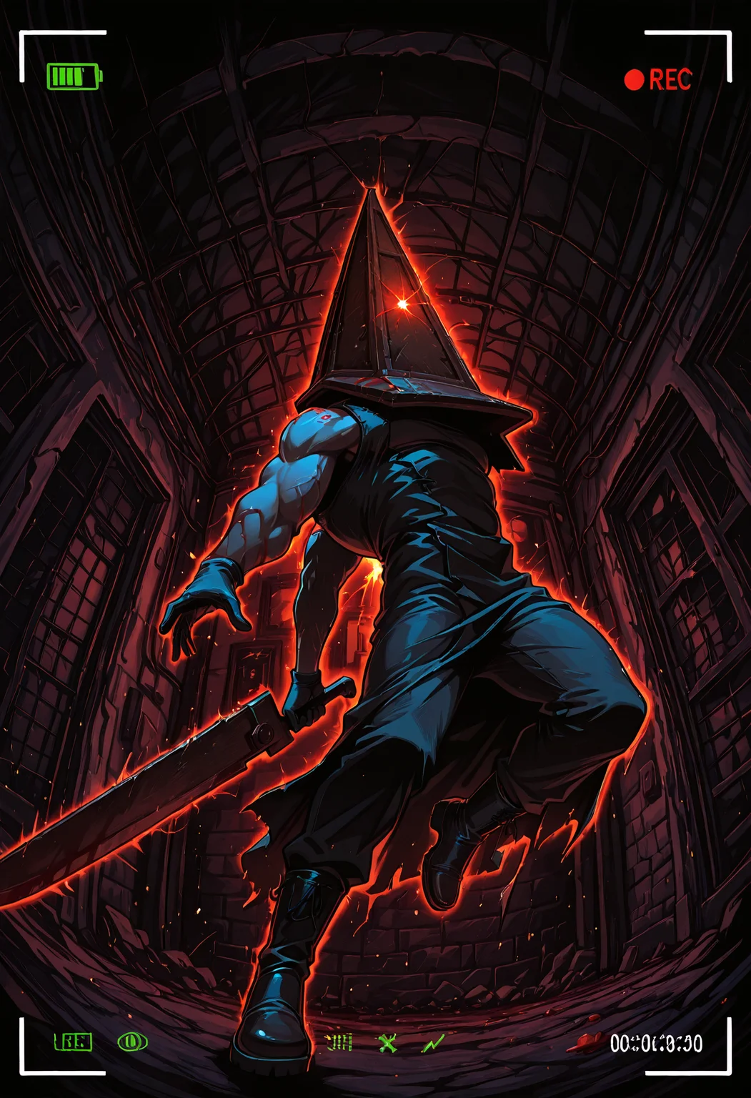 1boy, pyramid_head, 1boy, male focus, solo, helmet, gloves, holding sword, boots, blood, muscular male, attack, jumping towards viewer, horrify, glowing outline, exagg3rat3dp0s3, exaggerated pose, dynamic pose, action shot, indoor, ruins of hospital, very dark, colorful lighting,
cam3rafram3, white frame, REC symbol, timestamp, battery icon, HUD overlay, focus markers, fisheye, dutch angle, from below,
masterpiece, best quality, absurdres, newest, perfect quality, detailed background, intricate details, great lighting,