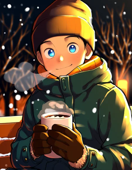 masterpiece, eeroku-style, outdoors, winter, park, snowing, evening, sunlight, 1boy, solo, blue eyes, beanie, gloves, jacket, sitting, smile, closed mouth, breath, hot cocoa, looking at viewer <lora:a6_naiXL_v1Nb-ShoAI:1>