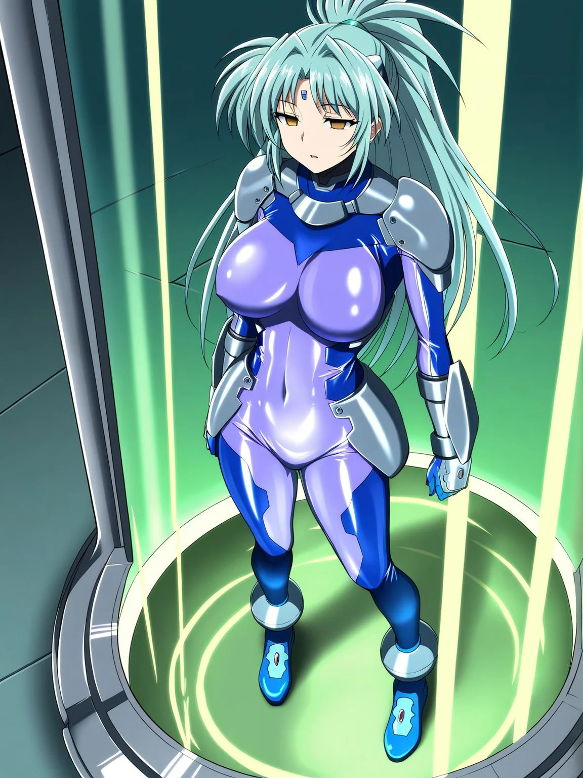 masterpiece, best quality, 1girl, solo, <lora:NumberSuitILV2:1>, lindy harlaown, forehead mark, yellow eyes, empty eyes, numbersuit, face harness, two tone blue bodysuit, glossy latex, large breasts, silver shoulder armor, silver gauntlets, blue gloves, blue ankle boots, waist armor, standing in green liquid-filled stasis tube, hands at sides, half-lidded eyes