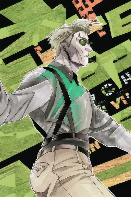 masterpiece, best quality, absurdres, NanamiBase, left eye patch, healed burn scars on the left side of his face, lines from cyberpunk prosthetics, green eye, blue shirt, collared shirt, suspenders, suspender pistol holster, grey pants, neon light, cyberpunk city background <lora:CHAR-KentoNanami:1>