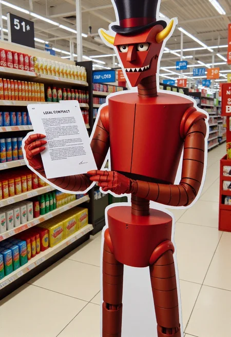<lora:Cardboard_Cutout_Creator_FLUX-000021:0.9> <lora:Beelzebot_Robot_Devil_-_Futurama_FLUX-000018:0.9>
The image is a high-resolution photograph taken inside of a grocery store, showcasing a large, detailed, 3D cardboard cutout of a red robot named beelzebot holding a legal contract, wearing a top hat