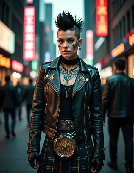 In a dystopian city, a celticpunk rebel with a Celtic twist stands tall. Their face, marked with intricate Celtic tattoos, tells a story of resistance and freedom. Dressed in a leather jacket adorned with Celtic symbols and a kilt, they exude an air of defiance. The city's neon lights reflect off their spiked mohawk, creating a unique, punk-inspired look. Their presence challenges the oppressive regime, embodying the spirit of Celtic rebellion and the fight for freedom. Celtic-inspired aesthetic incorporating punk elements, traditional Celtic music, augmented mechanical enhancements. <lora:flux/Realism 2.safetensors:1.0>, <lora:flux_trainer/moxiePunk_v3.safetensors:1.0>,
