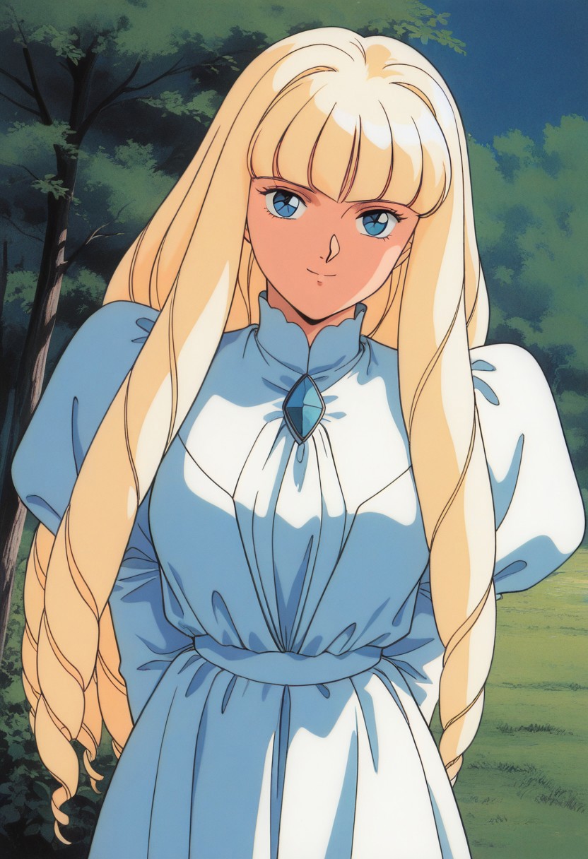 score_9, score_8_up, score_7_up, source_anime,masterpiece, best quality, retro_artstyle, 1990s_\(style\),official art,perfect_anatomy,1girl, Kihel, blue_eyes, blonde_hair, long_hair, long_dress, puffy_sleeves,looking at viewer,(detailed face and eyes,smile),(upper body),close to viewer,outdoor,wood
